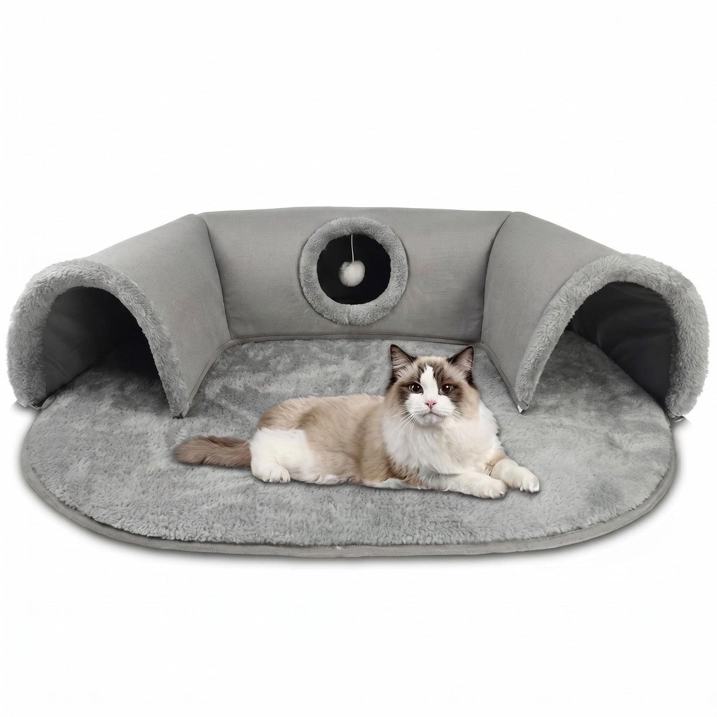 🐱🛏️🕳️ 2 az 1‑ben plüss macskaágy alagúttal 🐾