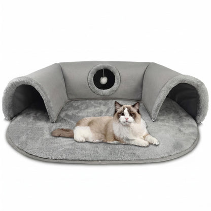 🐱🛏️🕳️ 2 az 1‑ben plüss macskaágy alagúttal 🐾