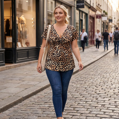 🐆 Karcsúsító és elegáns leopárdmintás V-nyakú rövid ujjú felső ✨👚