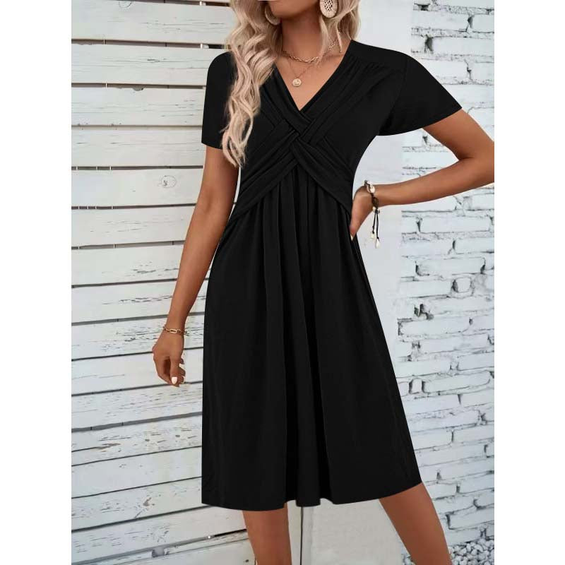 👗 Női V-kivágású, keresztbe kötött, redős ruha 🌸