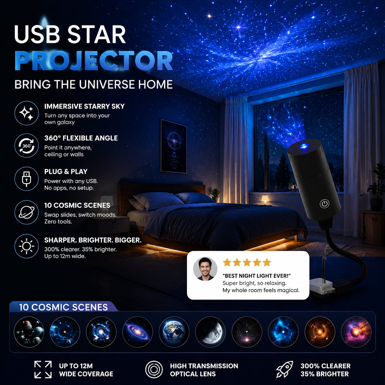 🌟 Projektoros éjszakai fények ✨ – álomszerű csillagos égbolttá varázsolják a szobádat 🛏️💫