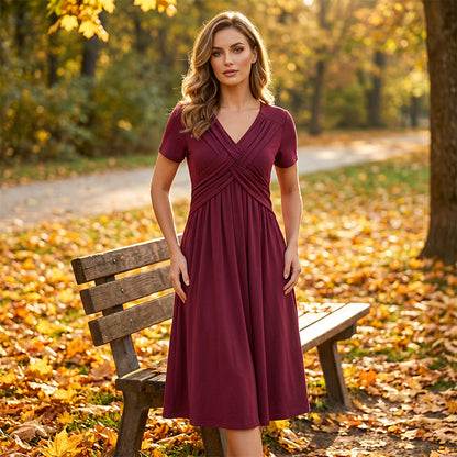 👗 Női V-kivágású, keresztbe kötött, redős ruha 🌸