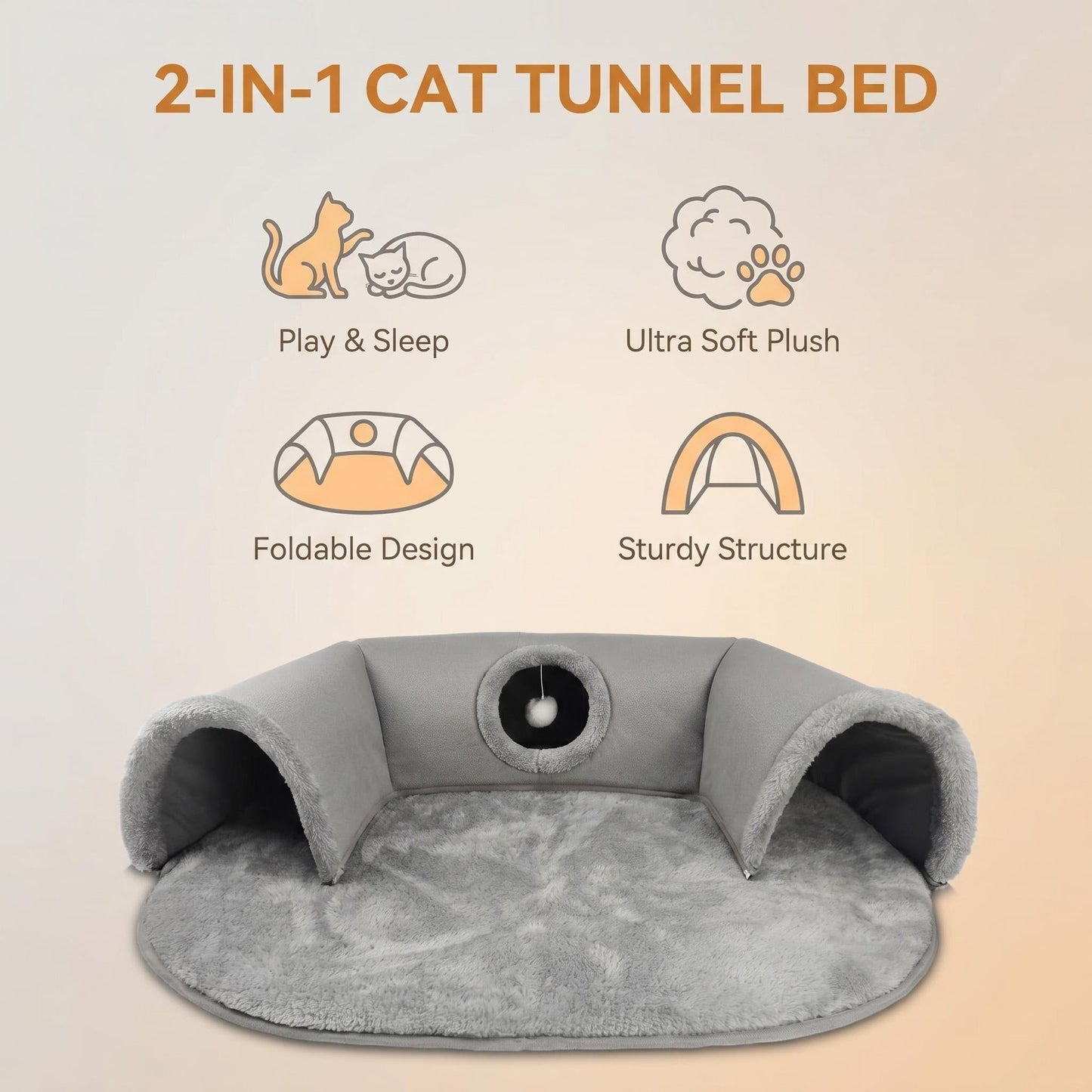 🐱🛏️🕳️ 2 az 1‑ben plüss macskaágy alagúttal 🐾
