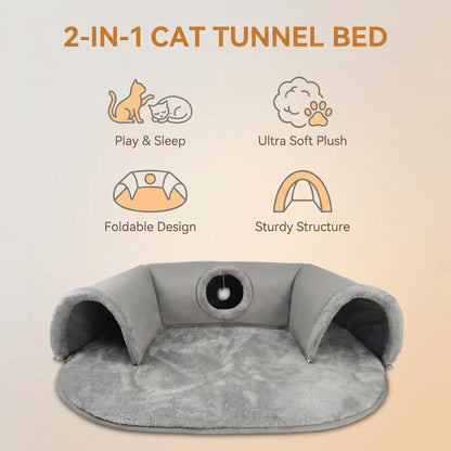 🐱🛏️🕳️ 2 az 1‑ben plüss macskaágy alagúttal 🐾