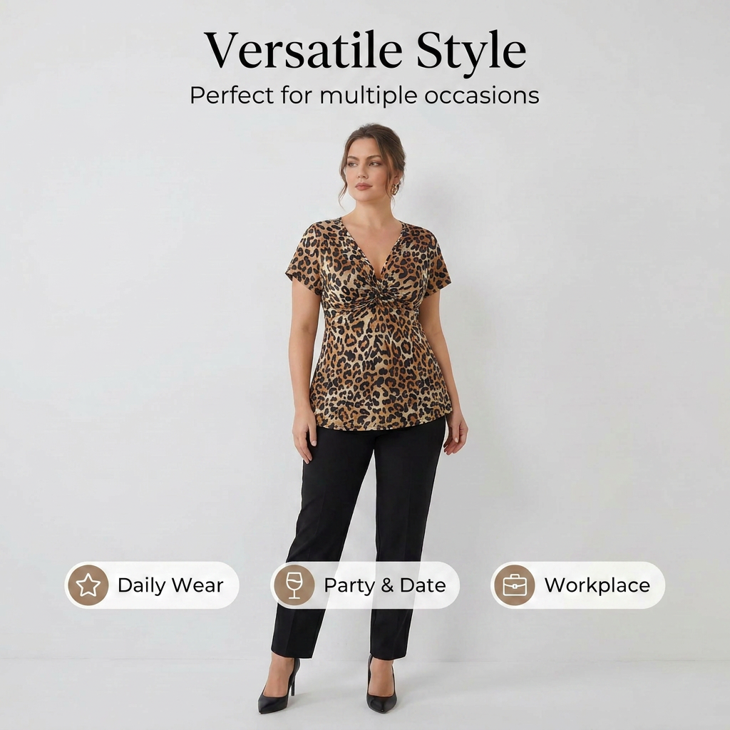 🐆 Karcsúsító és elegáns leopárdmintás V-nyakú rövid ujjú felső ✨👚